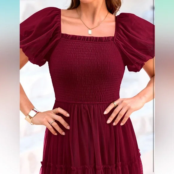 Smocked Tulle Midi Dress | 2025 Summer | Square Neck | Puffy Short Sleeve - Picture 5 of 7